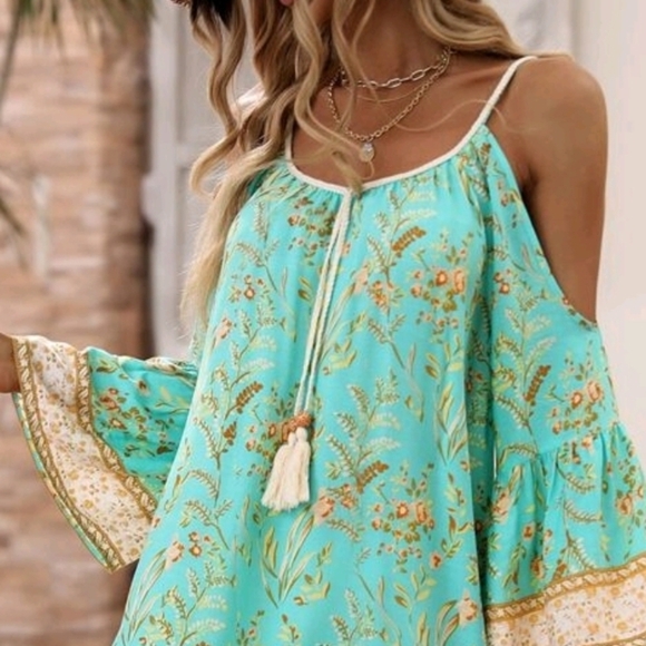 New Boho Coastal Floral Open Shoulder Mini Dress Turquoise Blue Green Tan - Picture 5 of 10